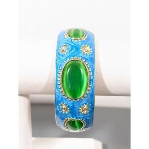 Beachy Boho Chic Green Glass Cats Eye Cabochon Blue Enamel Chunky Bangle Bracele